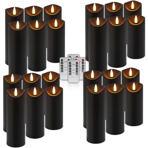 fclayvts Realistic Flameless LED Candle Black Set of 24, Battery Operated with Remote Control, 3D Flame Pillar Timer Funtion Melted Top Safe,Perfect for Indoor/Outdoor Decor,Wedding,BBQ and Gift - size: 24-Pack-Black