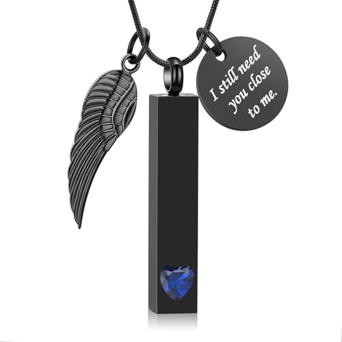 zeqingjw Cremation Jewelry for Ashes for Men Women with Angel Wing Charm Vertical Bar Urn Necklaces for Ashes Keepsake Loved Ones Memorial Vial Pendant - color: Z-Black Blue