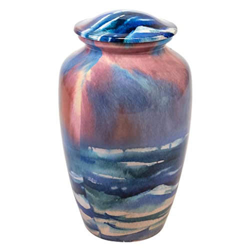 Waves Cremation Urn for Ashes, Aluminum, Blue Urn, Adult Sized Cremation Urn, 10.5 Inches High - color: Seashore
