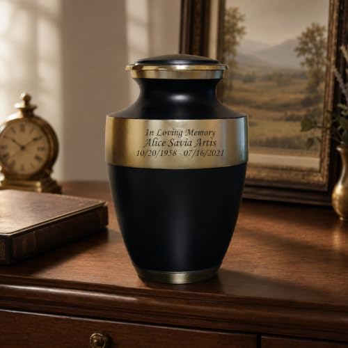 Black and Gold Cremation Urn for Human Ashes, Adult Engraved Memorial Urn