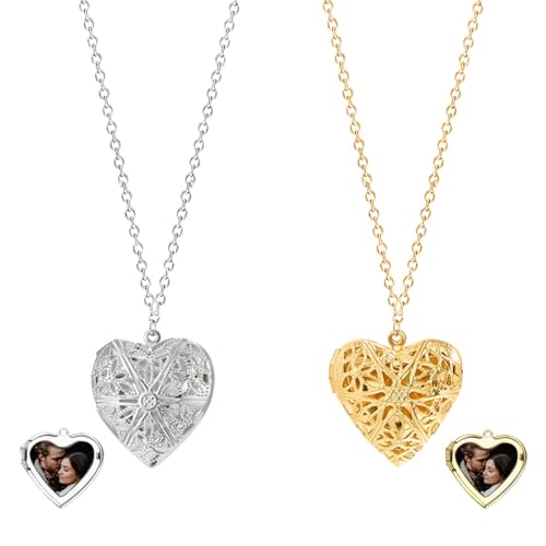 2Pcs Personalized Photo Locket Necklace Set for Women Men Exquisite Gold Silver Heart Locket That Holds 2 Pictures Valentine's Day Thanksgiving Anniversary Birthday Gifts - style: Style D