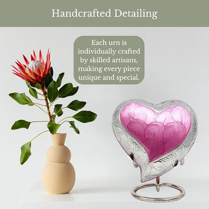 NORSE'S TRADECRAFT Heart Mini Urn for Ashes Adult Male, Female, 3 cu in | Memorial Gifts with Velvet Box & Stand, Handcrafted Cremation Urns for Human Ashes, Pets, Pink Heart with Floral Border