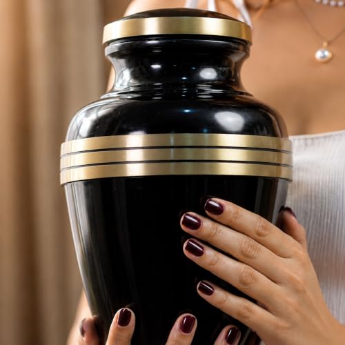 Cremation Urn for Human Ashes Adult Male/Female, 200+ Cubic Inch Capacity, 10 x 7 Inch Metal Funeral Urn with Secure Screw-Top Lid, Avlon Midnight Black Gold, Velvet Bag Included - color: Midnight Black Gold, size: Avlon 10x7