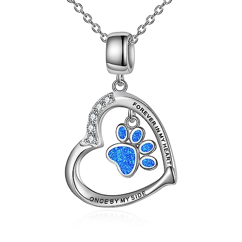 YFN Paw Print Necklace Sterling Silver Dog Cat Charms Pendant Cremation Jewelry Cat Dog Memorial Gifts for Women Girls - color: Blue Opal