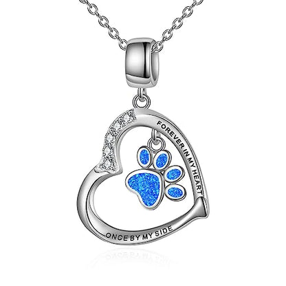 YFN Paw Print Necklace Sterling Silver Dog Cat Charms Pendant Cremation Jewelry Cat Dog Memorial Gifts for Women Girls - color: Blue Opal