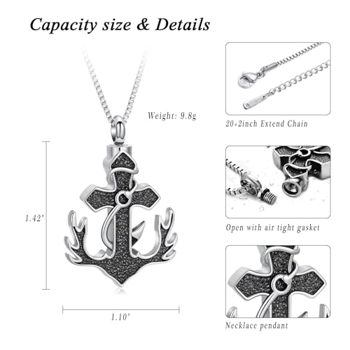 XSMZB Deer Antler Anchor Urn Necklace for Ashes Human Pet Fish Hook Cross Funeral Cremation Jewelry Keepsake Ash Pendant Memorial Necklaces - color: Silver-Black