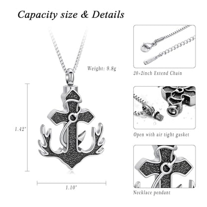 XSMZB Deer Antler Anchor Urn Necklace for Ashes Human Pet Fish Hook Cross Funeral Cremation Jewelry Keepsake Ash Pendant Memorial Necklaces - color: Silver-Black