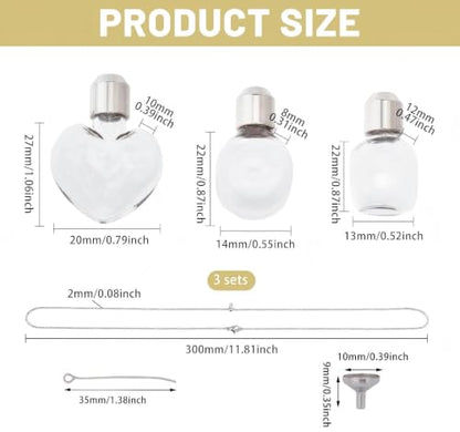 3Pcs Vial Necklace Heart Perfume Bottle Pendant Glass Ashes Holder Cremation Urn Necklace Mini Stainless Steel Pendants Blood Container Memorial Jewelry for Women Men
