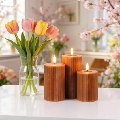 Brown Battery Operated Flameless Candles with 6 Hour Timer | 3D Wick Flickering LED Pillar Candles, Vertical Stripe Wax, Dinner Wedding Christmas Holiday Decor, 3"Dx5",6",7"H, 3 Pack - color: 7-3 Pack Brown Timer