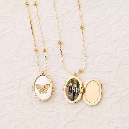 Gold Locket Necklace for Women, Vinatge Heart Oval Butterfly Angel Engraved Pendant that Holds Picture Photo Locket Memorial Necklace Personalized Jewelry Birthday Gifts - color: Oval Butterfly