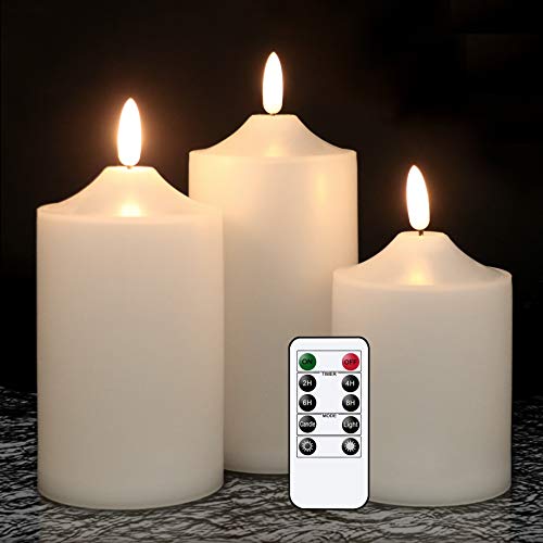 GenSwin Outdoor Flameless Candles Battery Operated Waterproof Remote | IP65, White, Flickering LED Candles, Large Pillar Candles Lantern Porch Patio Garden Decor, 3" x 5"6"7", 3 Pack - size: 3" Diameter x 5", 6", 7" Heights (Set of 3)