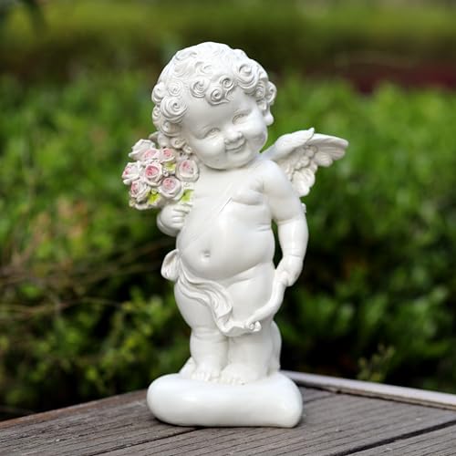 Garden Cupid Angel Statue with Pink Roses, White Cherub Figurine, Outdoor Indoor Decorative Sculpture - size: 12.2in Cupid