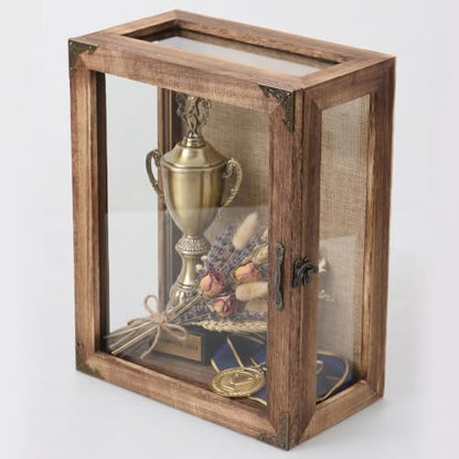 Shadow Box Display Case 11x14 Deep with Glass on 4 Sides, 6.2in Depth Wall Mounted Memory Box for Keepsakes, Wooden Display Case for Graduation Cap, Jersey, Wedding, Medals – Rustic Shadowbox Frame - color: 03