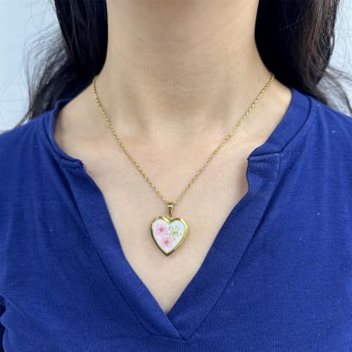 Heart Locket Dried Flower Pendant Necklace Stainless Steel Gold Plated Cute Light Pink Pressed Wildflower Charm Holds Pictures Choker Necklaces Fashion Trendy Jewelry for Her Bff 17.5"
