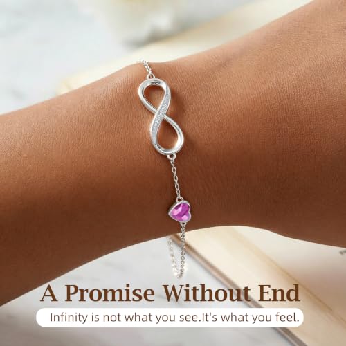 CDE 925 Sterling Silver Infinity Birthstone Bracelet Jewelry Gift for Women | Hypoallergenic,Non Tarnish,Heart CZ,Nickel-Free & Lead-Free,Anniversary Christmas Birthday Idea Gifts for Wife Girlfriend Her - color: Crystal-Purple