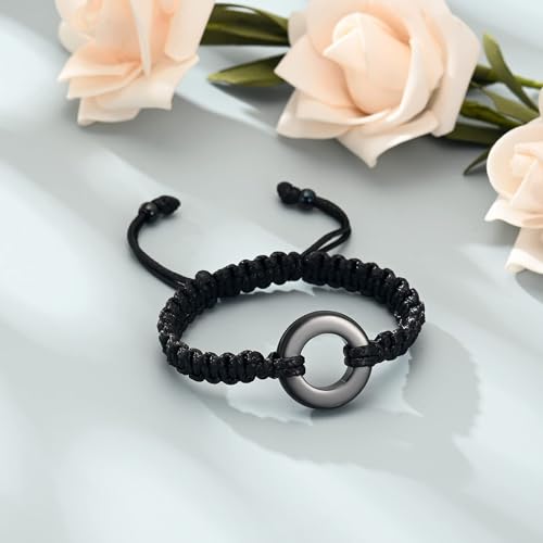 Circle of Life Urn Braided Bracelet for Ashes for Women Men | stainless steel urn bracelet,adjustable,cremation jewelry,holds pet & human ashes,memorial gift,leak-proof sealed,engraved - color: Black