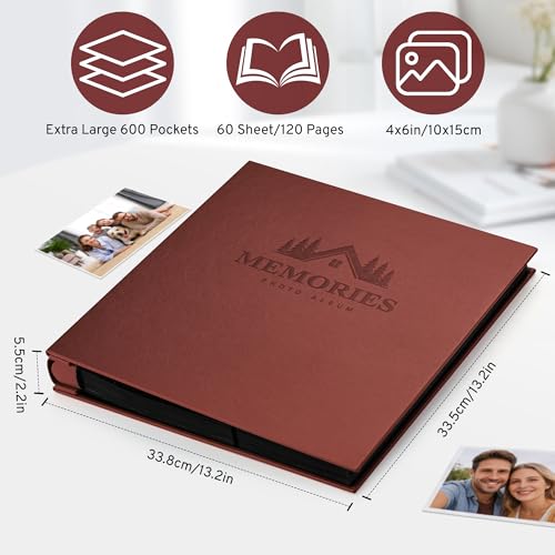 DazSpirit 4x6 Photo Album, 600 Pockets, Leather Cover, Slip-In Pages | Embossed Leather Cover, Extra-Large Memory Book for Wedding, Baby, Anniversary and Family Photos, Brown - color: Brown