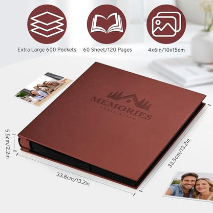 DazSpirit 4x6 Photo Album, 600 Pockets, Leather Cover, Slip-In Pages | Embossed Leather Cover, Extra-Large Memory Book for Wedding, Baby, Anniversary and Family Photos, Brown - color: Brown