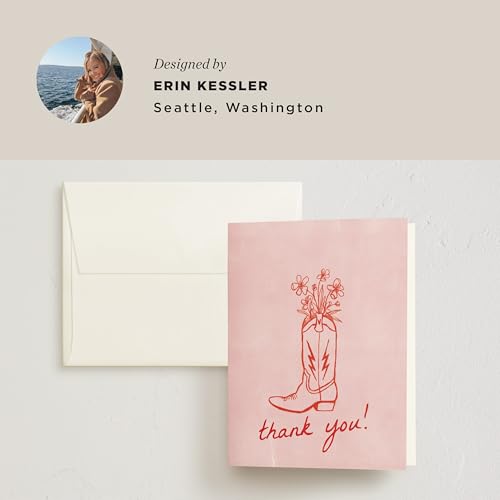 Minted Thank You Cards Pack, Set of 10, Folded Thank You Cards with Envelopes, Blank Card, Pink Boot & Flowers Design, Luxurious Paper, Designed by Independent Artists, Baby Shower, Bridal Shower - color: Party Boots