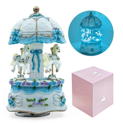 Carousel Music Box,Luxury Color Change LED Light ,Luminous Rotating 3-horse | Luminous Music Box, musical box with Gift Box for Girls Birthday Valentine Gift (Castle in the Sky, Blue) - color: Blue, style: Castle in the Sky