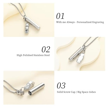 Oinsi Car Charm & Cylinder Urn Necklace for Ashes Stainless Steel Tube Cremation Urn Jewelry Necklace for Ashes Memorial Keepsake Gifts - color: Silver Tone