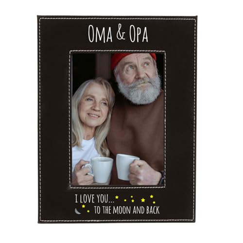 CustomGiftsNow Oma & Opa I Love You To The Moon And Back UV Printed Black Leatherette Faux Leather Hanging/Tabletop Personalized Group Family 4x6 Photo Portrait Picture Frame - size: 4x6-inch Vertical