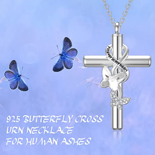 Cross Urn Necklace for Ashes 925 Sterling Silver Cremation Jewelry with Funnel Filler Kit Ashes Necklace for Human Women Girl Pets - color: A_Clear Butterfly Urn Necklace, style: Non-personalized