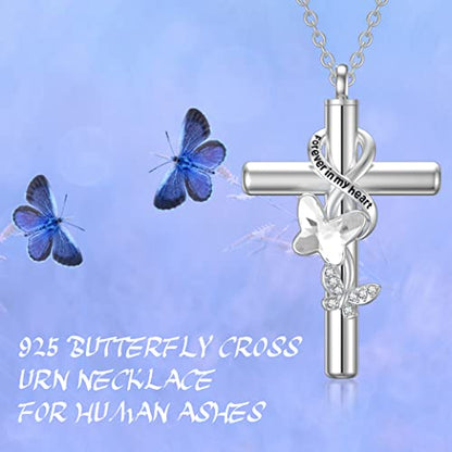 Cross Urn Necklace for Ashes 925 Sterling Silver Cremation Jewelry with Funnel Filler Kit Ashes Necklace for Human Women Girl Pets - color: A_Clear Butterfly Urn Necklace, style: Non-personalized