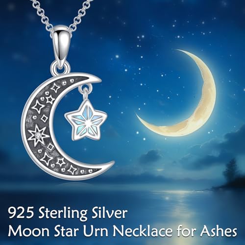 925 Sterling Silver Urn Necklace for Ashes, Teardrop/Tree of Life/Sunflower/Dragonfly/Sea Turtle/Celtic Knot/Elephant/Hummingbird Memorial Cremation Pendant Necklaces for Animal Human Ashes - color: L: Moon Star