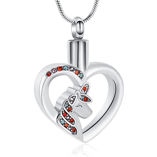 Unicorn Heart Urn Necklace for Ashes Cremation Jewelry for Women Men Stainless Steel Memorial Necklaces Ash Holder for Human Pets Keepsake Jewelry for Loved Ones with Fill Tool - color: Silver