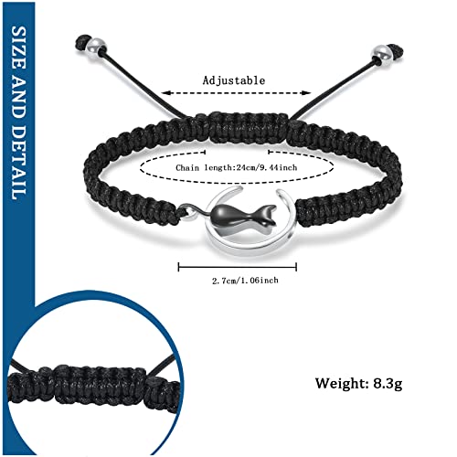 constantlife Cat Cremation Urn Bracelet for Pet Ashes Handmade Braided Rope Adjustable Bangle Stainless Steel Urn Bangle Memorial Jewelry - color: Silver+Black