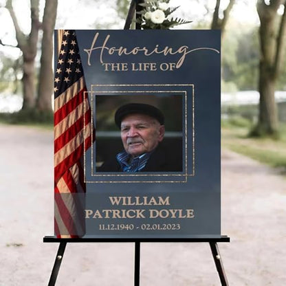 Large American Flag Funeral Welcome Sign, Celebration of Life Welcome Sign, in Loving Memory Sign, Celebration of Life, Celebration of Life Sign, Memorial Sign with Photo,Funeral Welcome Signs &5 - color: Version #17