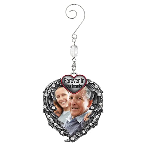 Memorial Photo Ornament for Loss of Loved One, Forever in Our Hearts Silver Heart Ornament with Angel Wings, Personalized Picture Memorial Christmas Ornament, Sympathy Gift, 3 Pack with Storage Bag