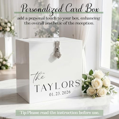 Novabright 10 Inches Wedding Acrylic Card Box with Slot Lock and Last Name Transfers Money Box for Bridal Shower Wedding, Baby Shower Birthday Party, No Assembly Needed(White,Classic Style) - color: White, style: Classic Style