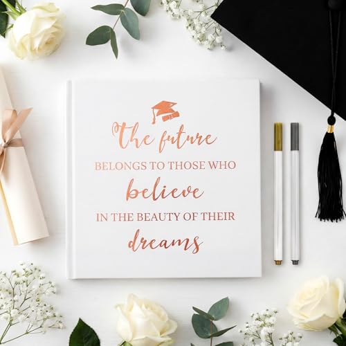 2026 Graduation Guestbook 8.7'' x 8.7" with 2 Markers Class of 2026 Guest Book Inspirational Graduate Scrapbook Hardcover Rose Gold Foiled Photo Album for Graduation Party Supply 144 Pages - color: White, style: Inspirational