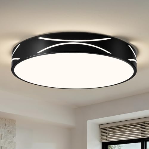 WOKNOS Dimmable Black LED Flush Mount Ceiling Light, Metal, 15.75 in | 5CCT 2700K-6000K Modern Close to Ceiling Lighting Fixtures, Round Ceiling Lamp for Bedroom, Kitchen, Hallway, Laundry Room - color: Black, size: 15.75 in