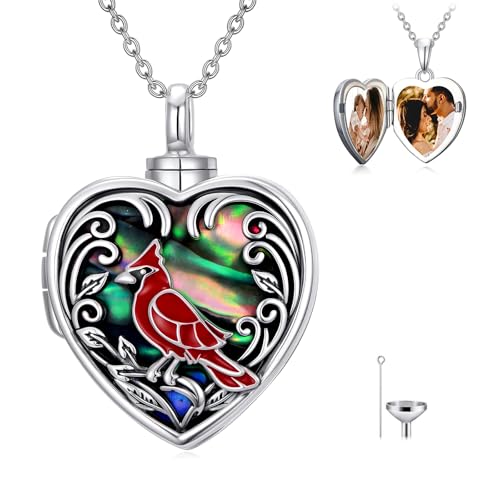 TOUPOP Heart Urn Locket Necklace for Ashes and Pictures 925 Sterling Silver Locket Cremation Jewelry with Abalone Shell Keepsake Memorial Gifts for Women（That Holds Pictures and Ashes） - style: Cardinal