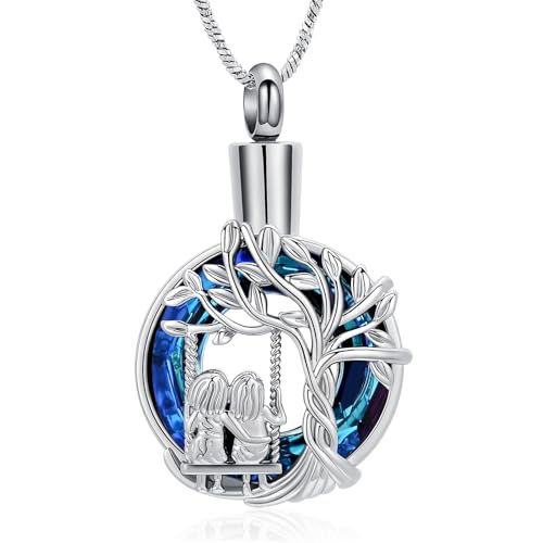 Yinplsmemory Cremation Jewelry Tree of Life Urn Necklace for Women Ashes Keepsake Jewelry for Sister for Ashes - color: Silver-blue