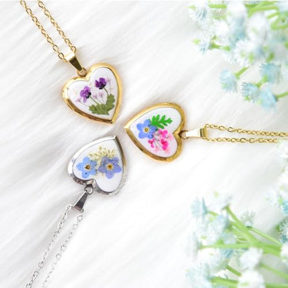Heart Locket Necklace That Holds Pictures Pressed Flower Photo Locket Pendant Necklace for Girl Women Gift for Her - style: forget me not-gold
