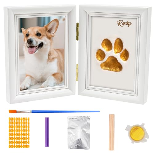 Avont Paw Print Kit, Pet Memorial Keepsake with Frame | Skin-Friendly Air-Dry Clay | Wooden Double-Hinged Frame | DIY Pet Name Stencils | Tabletop & Wall Mount | White - color: White