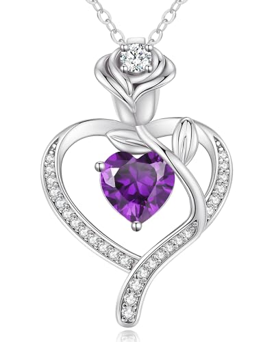 925 Sterling Silver Rose Love Heart Birthstone Necklaces for Women Jewelry | Hypoallergenic Nickel-Free & Lead-Free Pendant,Birthday Anniversary Christmas Gift for Women Wife Mom Girlfriend - color: White Gold-02-Feb