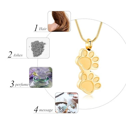 Pet Urns For Dogs/Cats - Pet Ashes Necklace - Paw Print Urn Necklace with Mini Keepsake Urn Memorial Ash Jewelry - color: Gold