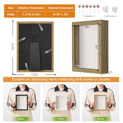 6x8 Small Shadow Box Frame with Ultra-Clear Glass & Soft Linen Back | With Push Pins and Stand, Deep 1.2" Brown Shadow Box Display Case – Display on Tabletop or Wall for Photo, Flower, Keepsakes - color: Brown+high Definition Panel + Shatter-proof Packagi
