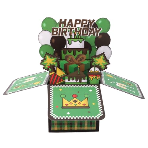 Gosknor Pixelated 3D Pop Up Birthday Card, Large Green Adventure Game Theme Happy Birthday Pop-Up Box Universal Greeting Card with Envelope Creative Gifts Party Decorations for Kids Boys Men Women Girls