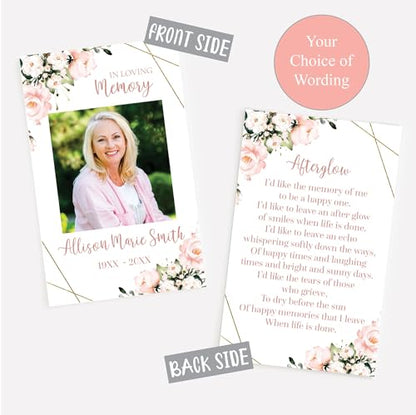 Funeral Memorial Prayer Cards, Pink Floral Blush, Double-Sided, Photo Personalized with Prayer, Poem, Memory Card, Celebration of Life Bereavement Poems, Comfort, Remembrance, Sympathy, Funeral Favors