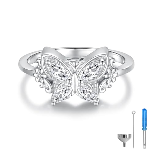 925 Sterling Silver Butterfly Cremation Ring for Ashes Memorial Urn Rings Keepsake Jewelry for Ashes Sympathy Gift for Women - color: White