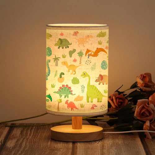 WSYEAR Bedside Table Lamp for Bedroom with Dinosaur Pattern Printed Shade 3-Way Dimmable Small Lamp with Wood Base for Living Room, Desk, Dorm, Home Office - color: Dinosaur Pattern