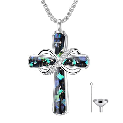 Turquoise Cross Urn Necklaces for Human Ashes 925 Sterling Silver Urn Necklaces Cremation Keepsake Memorial Pendant Necklace for Ashes for Loved One Human Pet - style: Infinity-Abalone Shell