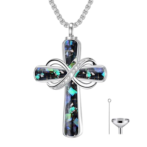 Turquoise Cross Urn Necklaces for Human Ashes 925 Sterling Silver Urn Necklaces Cremation Keepsake Memorial Pendant Necklace for Ashes for Loved One Human Pet - style: Infinity-Abalone Shell