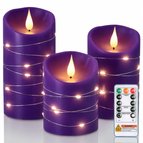 Homemory Purple Flameless Candles with String Lights, Remote Timer, 3 Pack | Flameless candles with string lights, real wax pillar candles, battery operated, remote timer, wedding, party, mantel decor - color: Purple